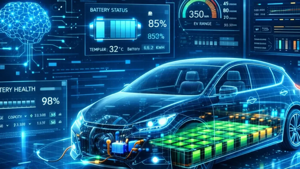 Electric car adaptive battery management system technology EV battery monitoring concept.
