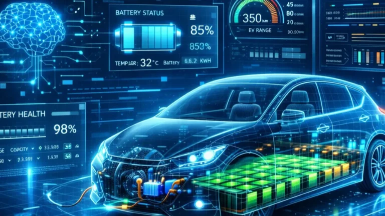 Electric car adaptive battery management system technology EV battery monitoring concept.