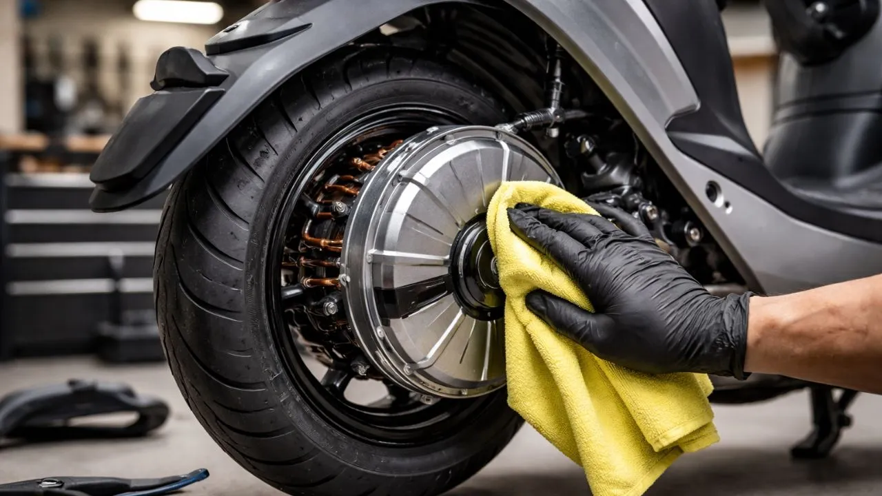 Electric vehicle motor cleaning process with microfiber cloth safely in garage setup