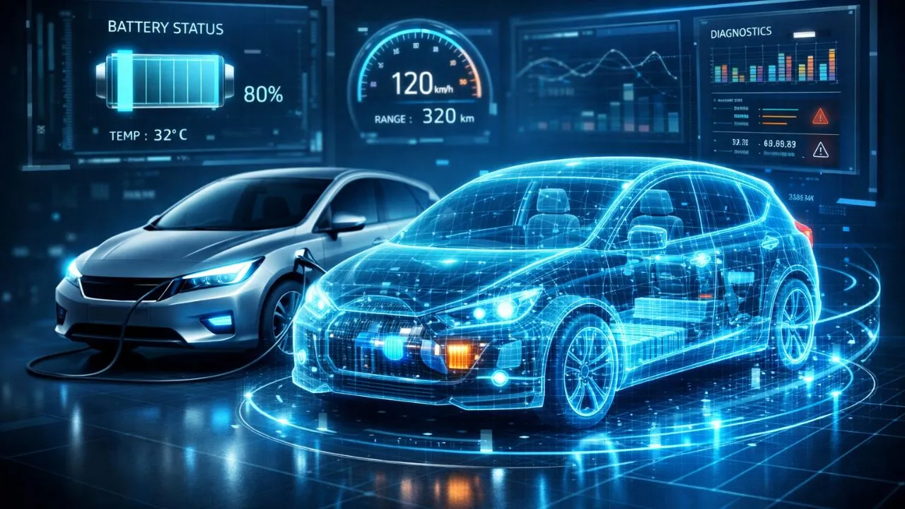 Electric car digital twin technology virtual model concept for EV monitoring.